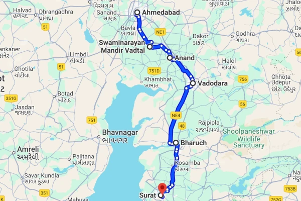 Ahmedabad to Surat route