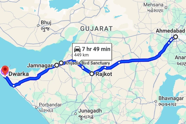 Ahmedabad to Dwarka route