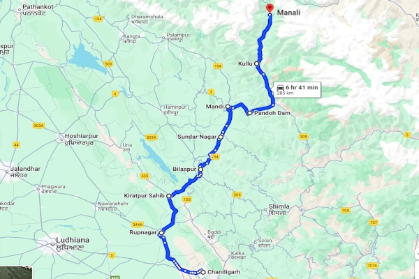 Chandigarh to Manali route