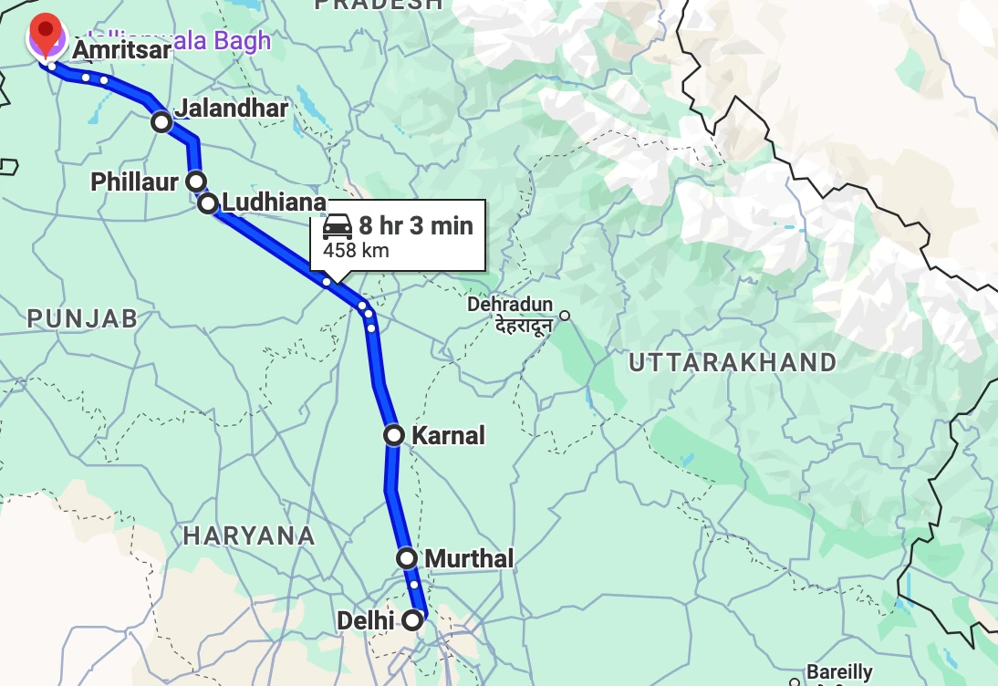 Delhi to Amritsar route