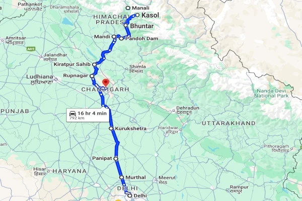 Kasol to Delhi route