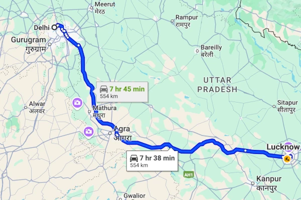 Delhi to Lucknow route