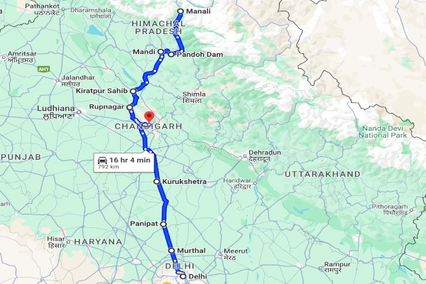 Manali to Delhi route
