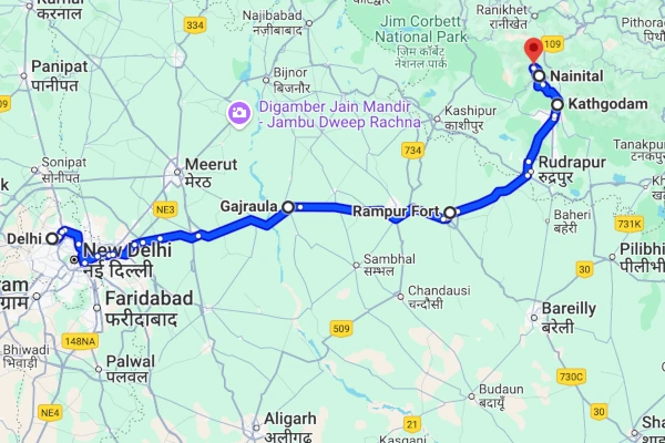 Delhi to Nainital route