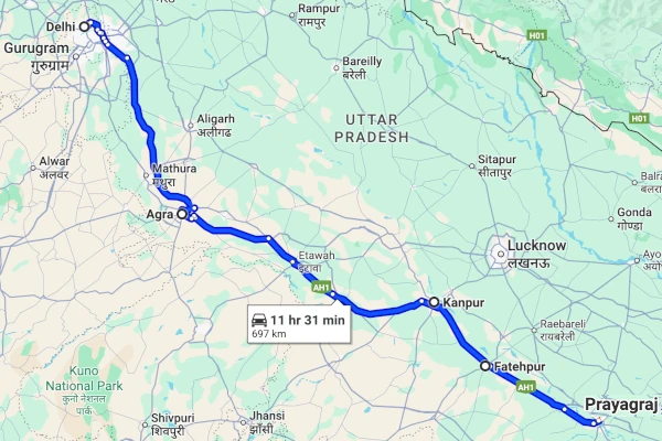 Delhi to Prayagraj route