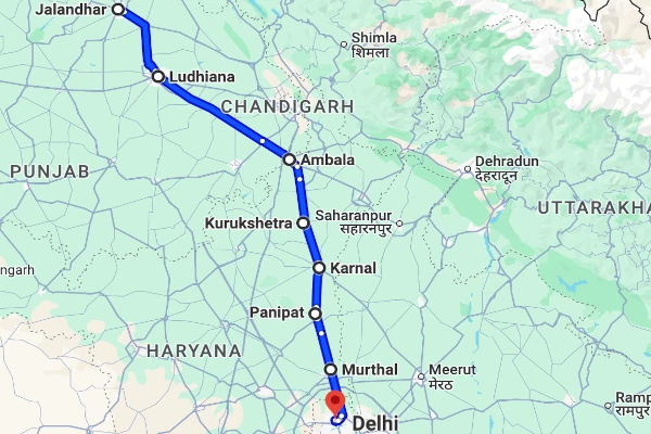 Jalandhar to Delhi route