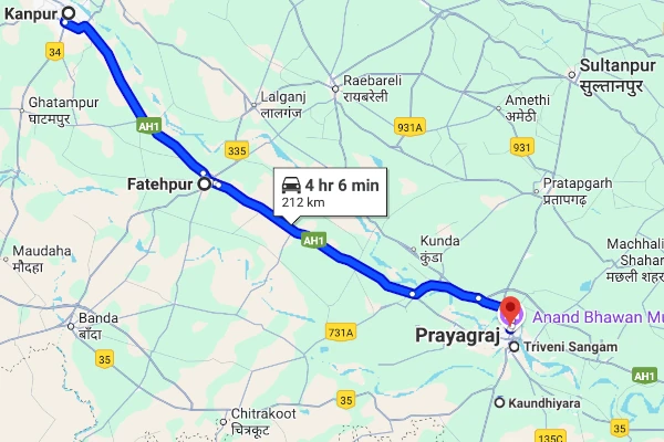 Kanpur to Prayagraj route