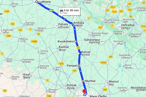 Ludhiana to Delhi route