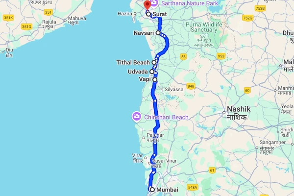 Mumbai to Surat route