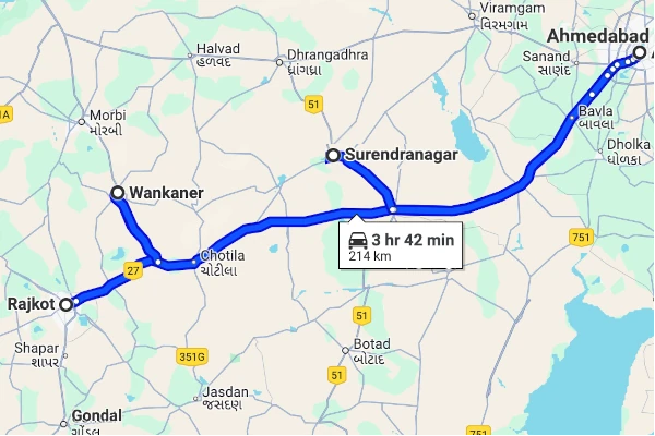 Ahmedabad to Rajkot route