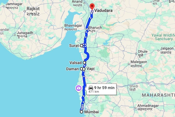 Vadodara to Mumbai route