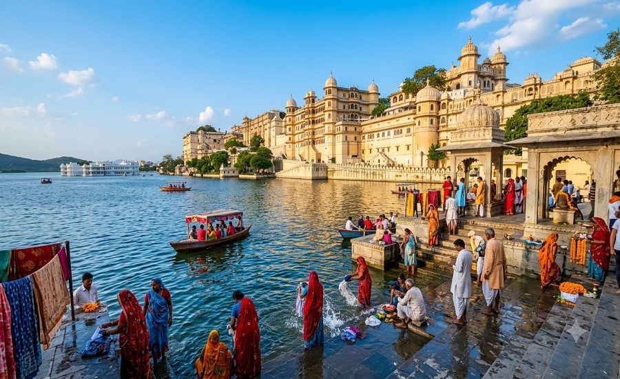 People at the ghat or city palace