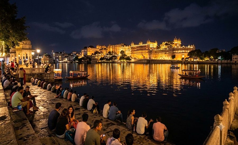 People sitting on Ambrai Ghat